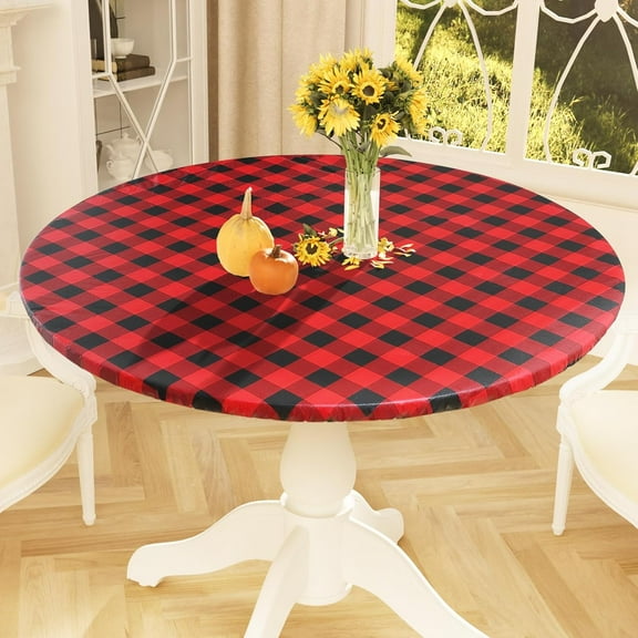 Round Picnic Tablecloth, Elastic Waterproof Fitted Vinyl Tablecloths for 36"-44" Tables, Flannel Backed Buffalo Plaid Table Cover for Dining, Camping, Outdoor, Black and Red