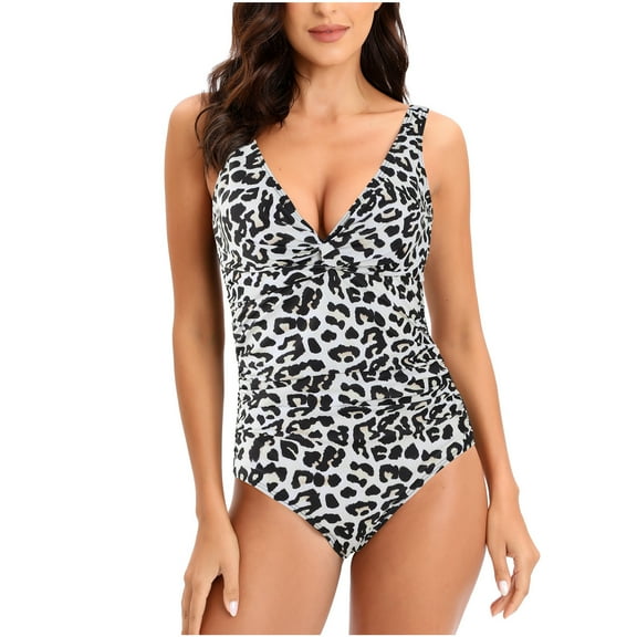 Tummy Control Swimsuits for Women Deep V Neck Twist Swimwear Ruched One Piece Bathing Suit Leopard Backless Swimwear