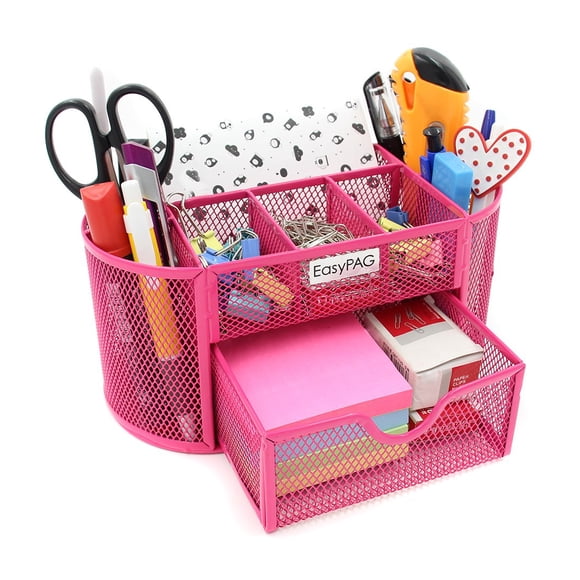 Easypag Desk Organizer Mesh Desktop Office Supplies Multi-Functional Caddy Pen Holder Stationery With Drawer Pink