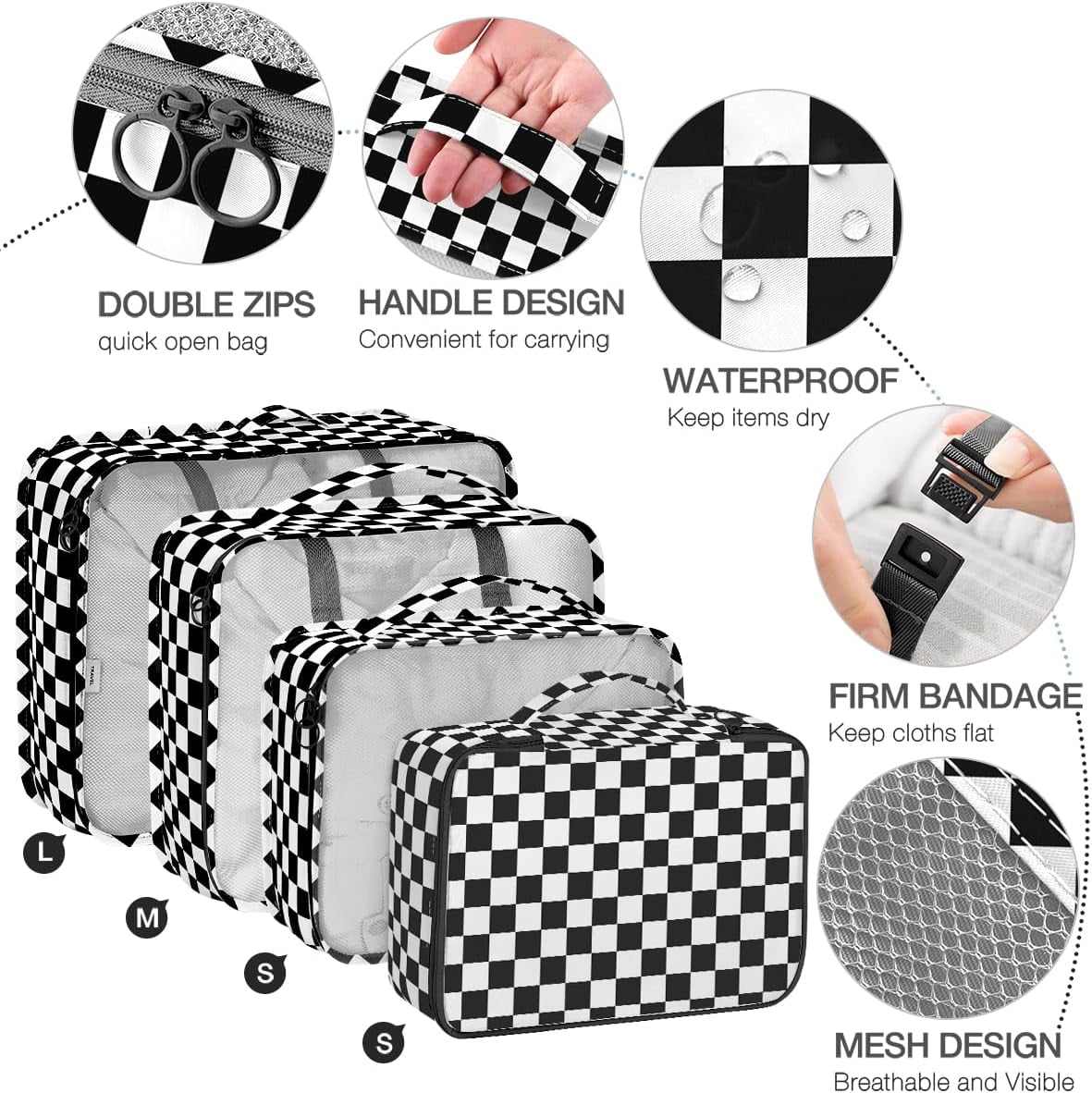 8 Set Packing Cubes for Suitcases,Packing Cube with Shoe, Cosmetics, Clothing, and Accessories Bags Packing Cubes for Travel Luggage Organizer Women Men(Black White Checkered)