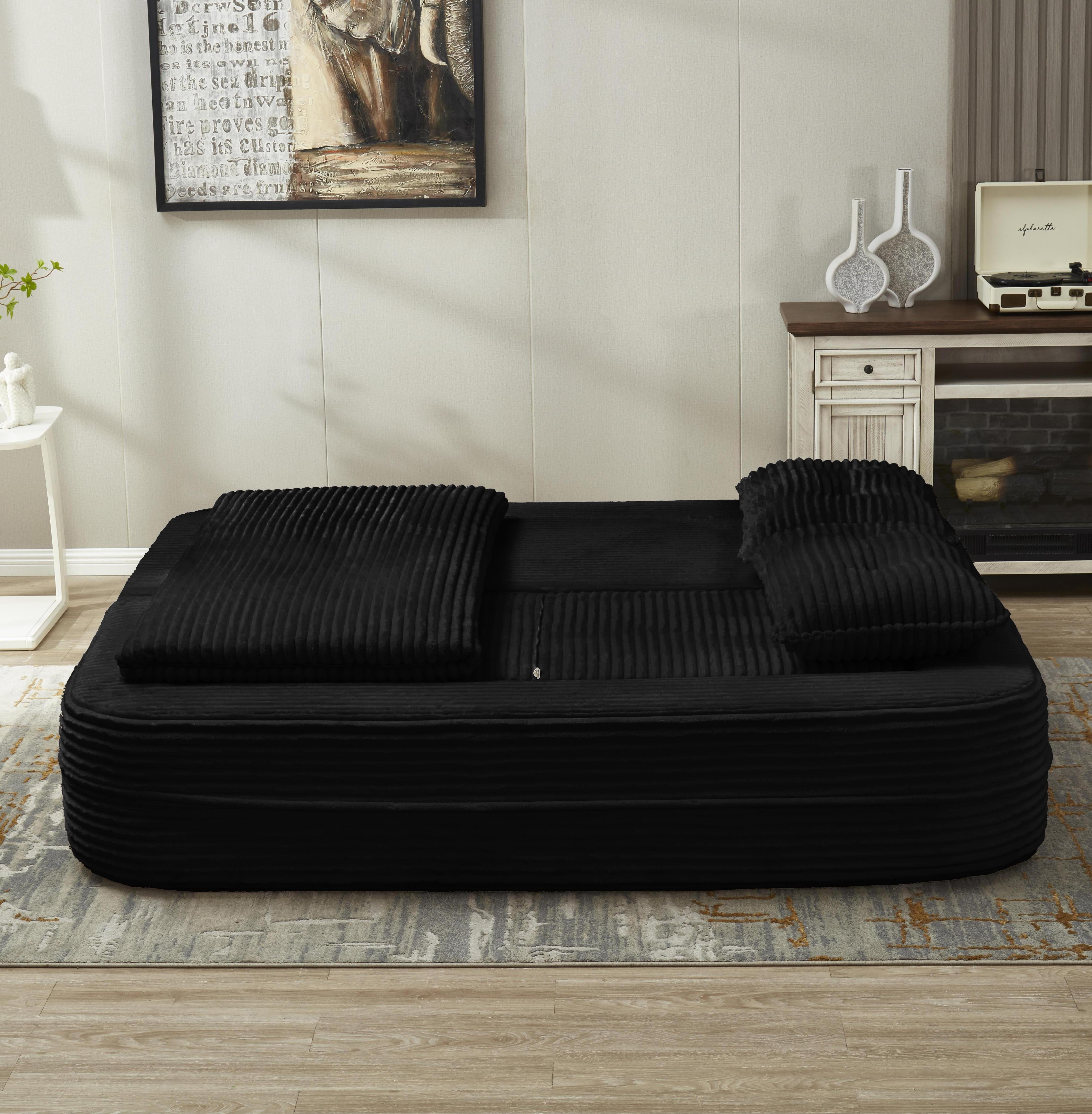 Anpport 80" King Size Convertible Sectional Sofa Bed, Plush Corduroy Deep Seat Couch with Chaise Lounge and Blanket, for Living Room Apartment, Black