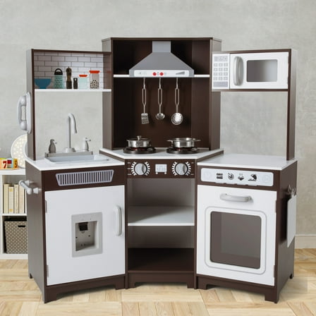 Kids Play Kitchen Corner Wooden Pretend Toddler Toys with Microwave Oven, Realistic Lights & Sounds, Water Dispenser, Phone, Sink, Cooking Accessories