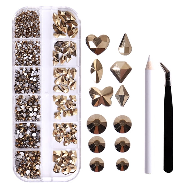 Diamantes de uñas Irfora Juego de herramientas de manicura de diamantes planos de 12 cuadrículas Diamantes en forma especial Lápiz de perforación puntual + Pinzas curvas Decoración de uñas deslumbran Irfora Diamantes de uñas
