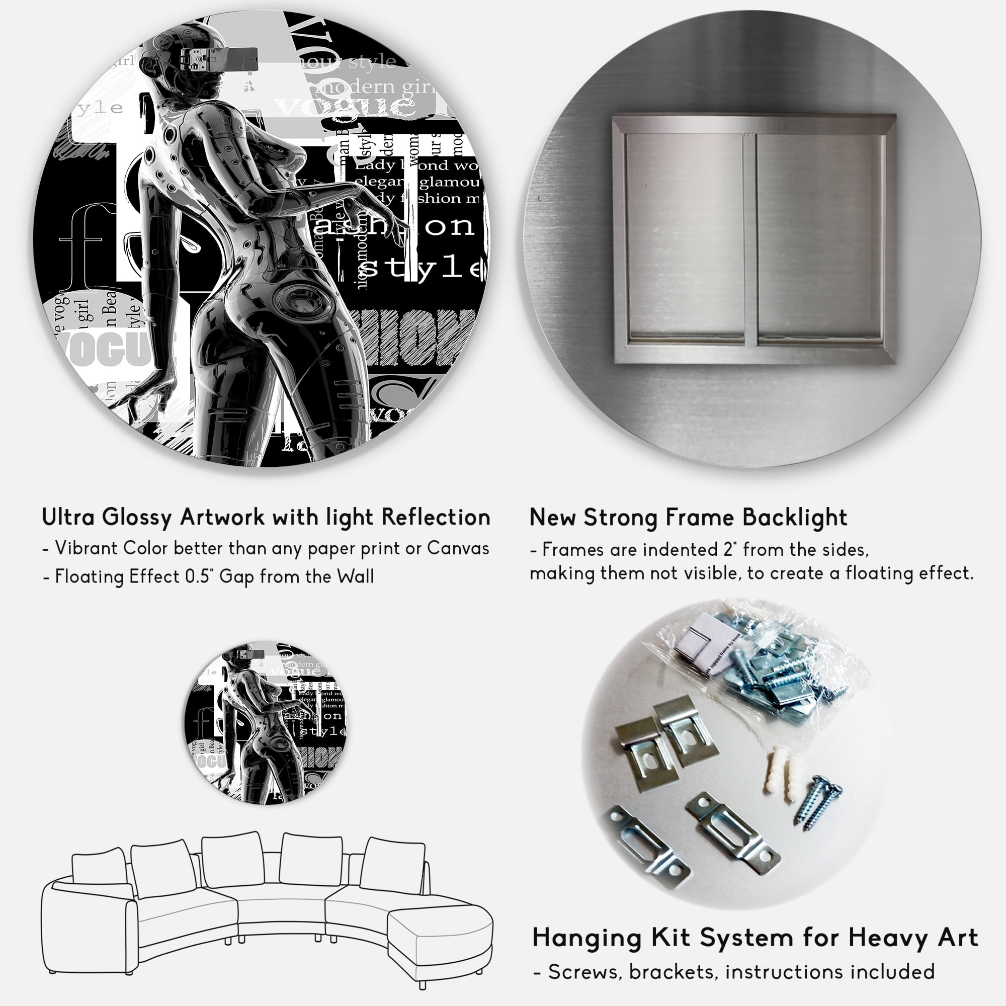 Designart 'Black and White Cyborg Body I' Modern Circle Metal Wall Art 29x29 - Disc of 29