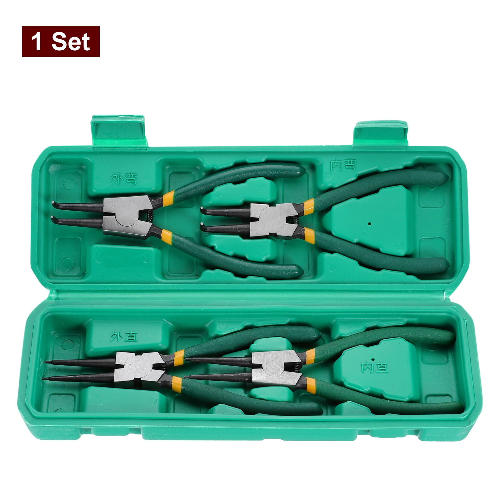 4pcs Snap Ring Plier Set 7" Internal & External Circlip Pliers with 0.08" Straight/Bent Jaw Tip with Case for Ring Remove Retaining Pliers, Green
