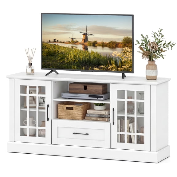 Gymax Farmhouse TV Stand for TVs up to 70'' Media Center w/Glass Doors Cubbies & Drawer