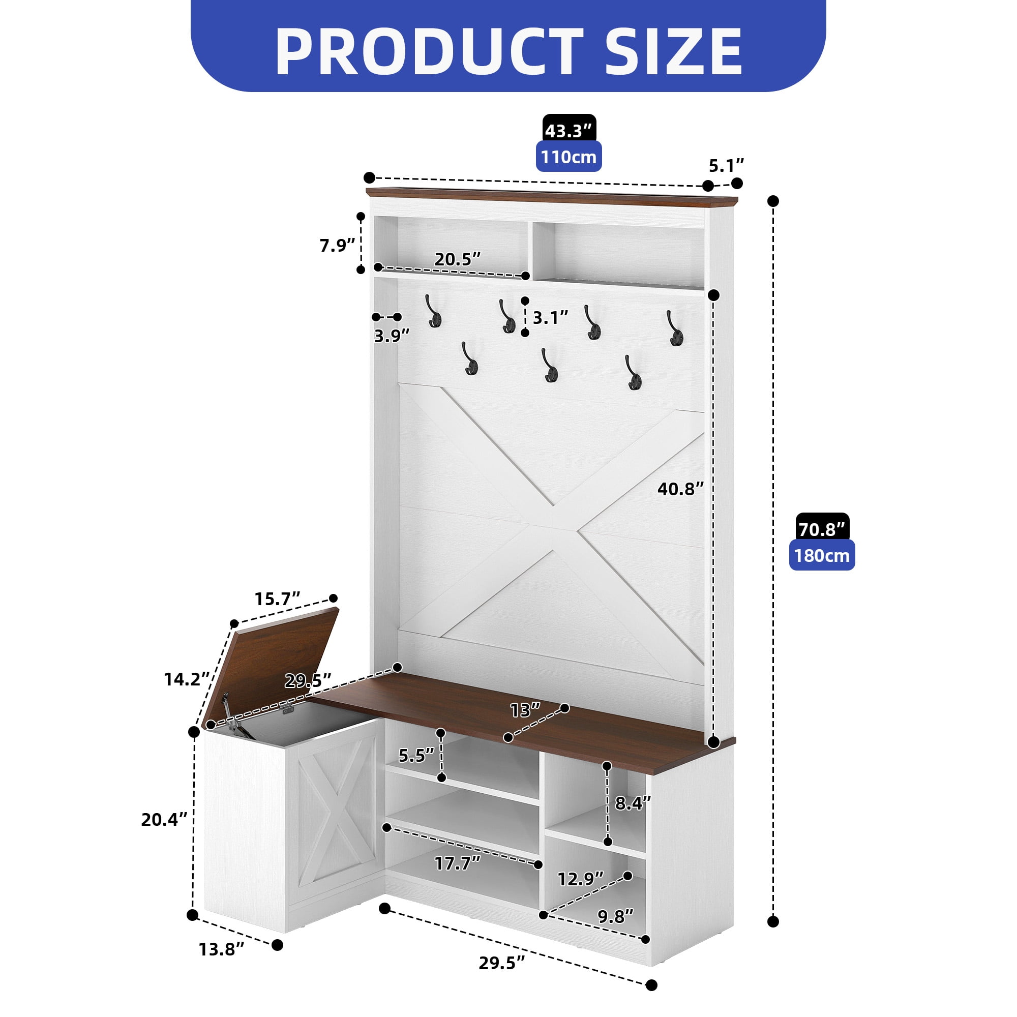 ModFusion White & Walnut L-Shaped Corner Entryway Hall Tree with Hooks, Flip-Top Storage, and Shoe Bench