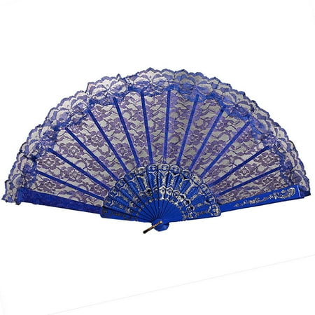 

Yotyukeb Lace Fan Hand Party Style Held Flower Wedding Chinese Dance Silk Folding Fans Blue
