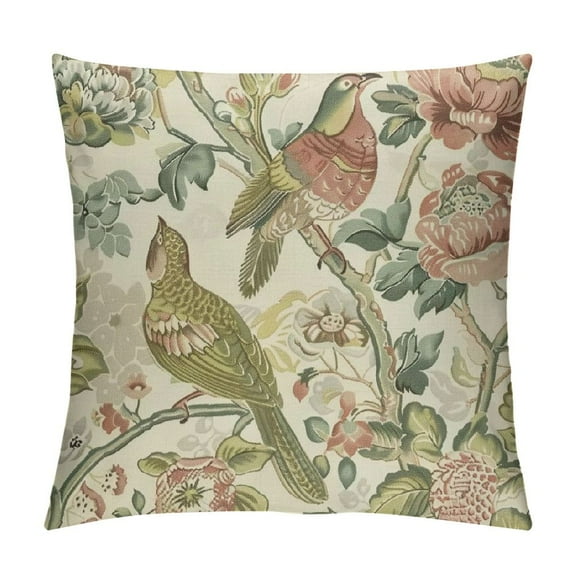 PHYHOO Flowers Birds Light Green Throw Pillow Cover, Cushion Case Outdoor Decoration for Sofa Couch Farmhouse