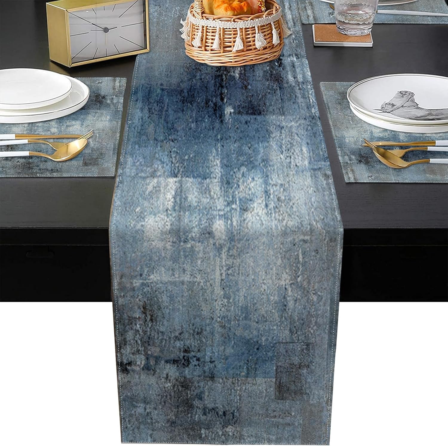 Vintage Blue Grey Table Runner and Placemats Set of 6, Modern Abstract Painting Art Dining Decor for Daily Use(1 Table Runner 72 inches Long and 6 Placemats)