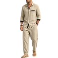 thumbnail image 5 of Delconic Mens Linen Blend Two Piece Outfit Loose Fit Long Sleeve Button Front Shirt and Straight Leg Pants Casual Set Khaki L, 5 of 8