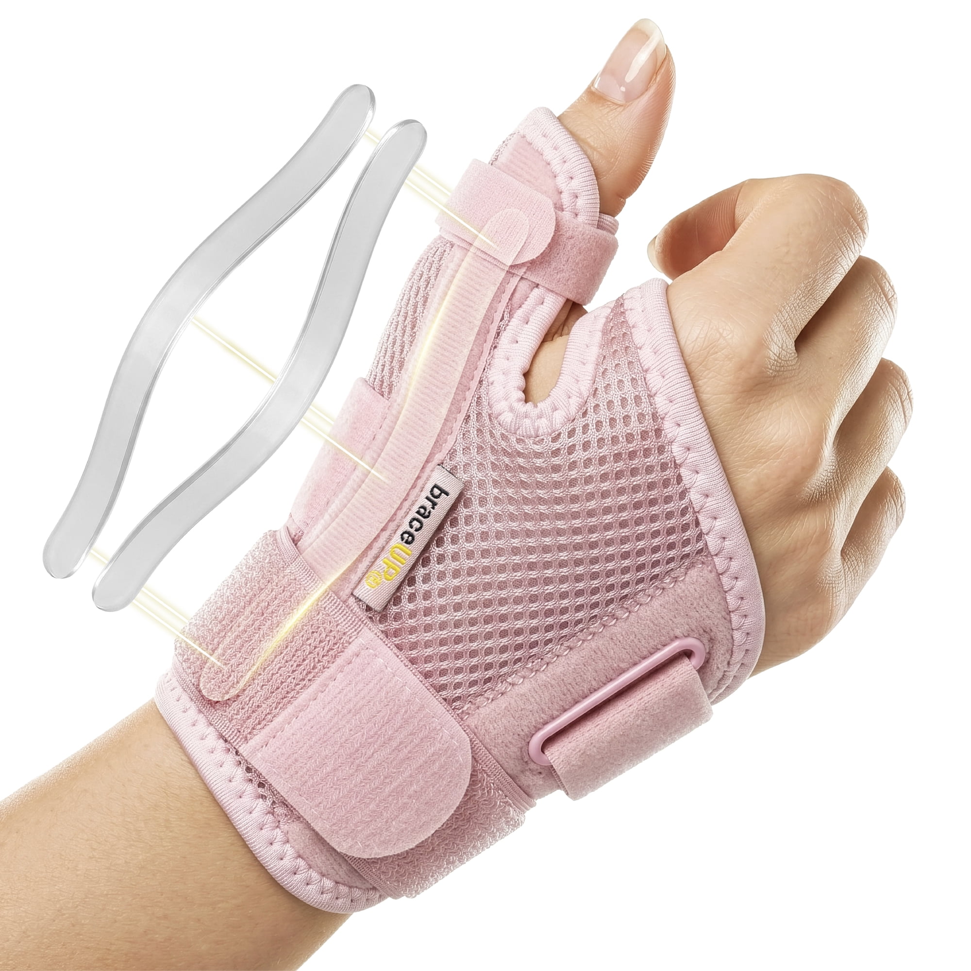 BraceUP Thumb Spica Brace with Dual Splints and Wrist Support, Left or Right Hand Pink