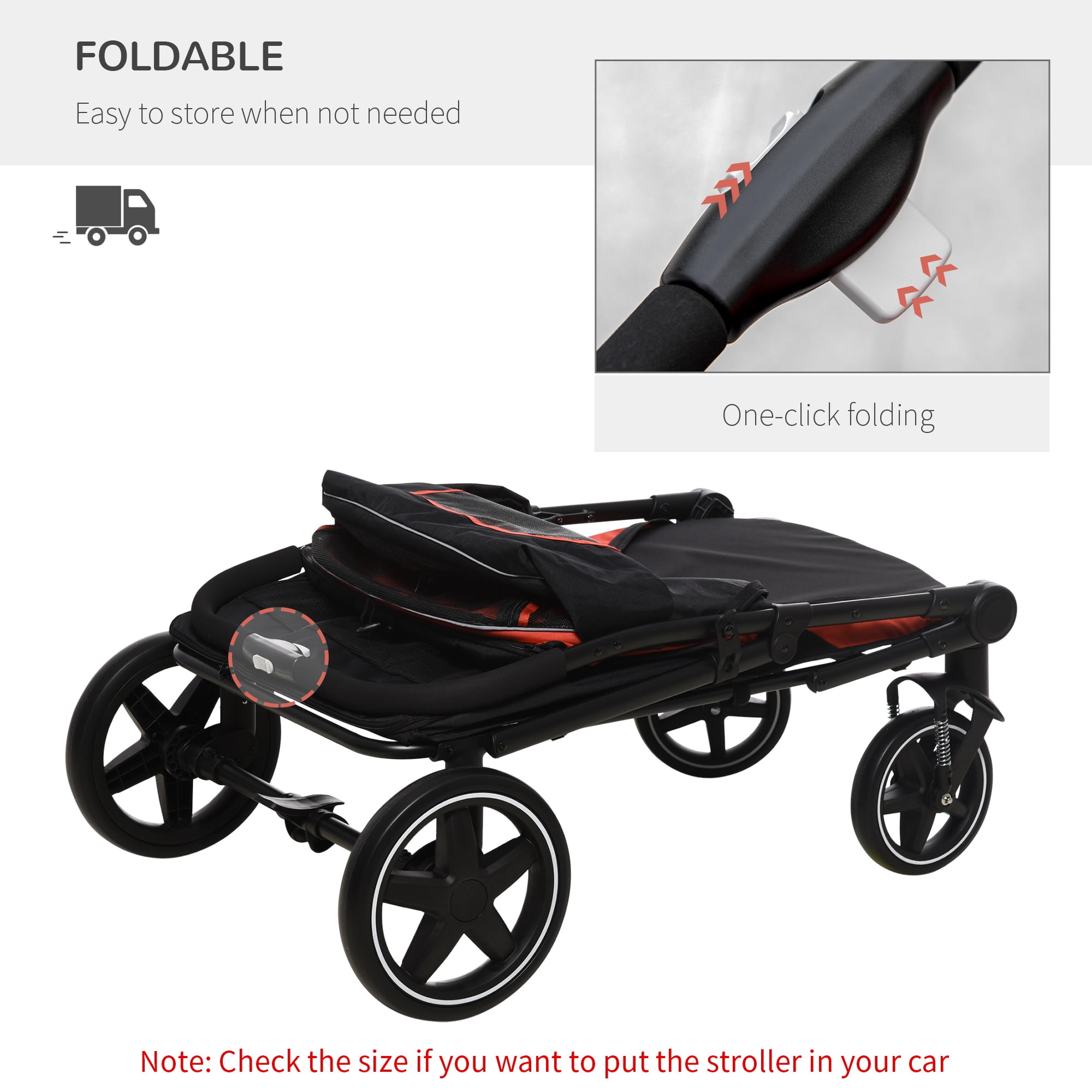 One-Click Foldable Doggy Stroller for Medium Large Dogs, Pet Stroller with Storage, Smooth Ride with Shock Absorption, Mesh Window, Safety Leash, Big Dog Walking Stroller, Red