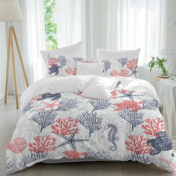 3 Piece Blue Red Coastal Duvet Cover Set Full Size,Microfiber Comforter/Quilt Cover with Corner Ties and 2 Pillowcases,Sea Turtle Nautical Coral Summer Beach All Season Bedding with Zipper Closure