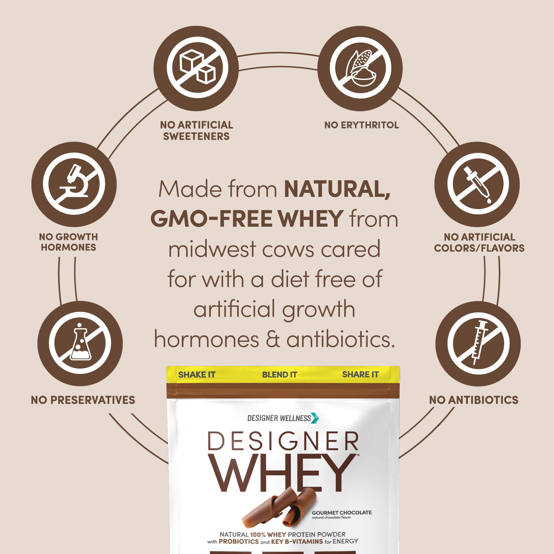 Designer Wellness, Designer Whey, Natural 100% Whey Protein Powder with Probiotics, Fiber, and Key B-Vitamins for Energy, Gluten-free, Non-GMO, Gourmet Chocolate, 2 lb
