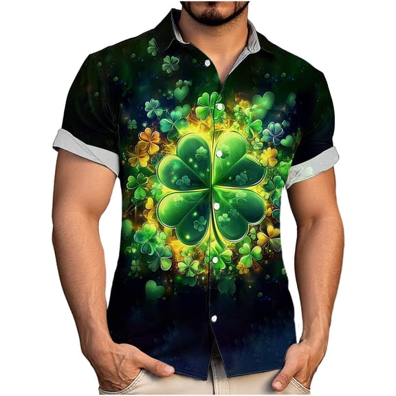 Blczomt Casual T Shirt Men St.Patrick's Day Button Up Green T-Shirt Short Sleeve Clover Graphic Regular-Fit Big and Tall Men Clothes