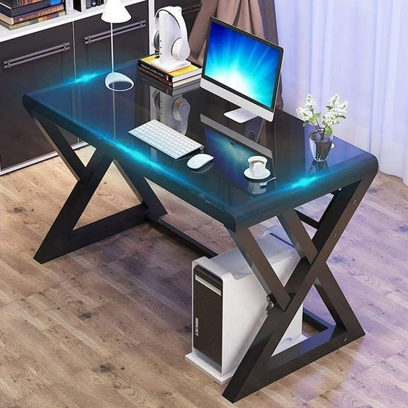 BINGTOO Computer Desk Glass Top Metal Frame, 55.1" Home Office Desks & Workstation Modern Office Writing Gaming Study Work Glass Computer Table Desk