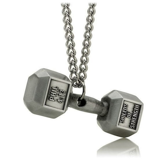 Men's Antique Finish JUMBO Dumbbell Necklace-Phil 4:13 by Shields of Strength
