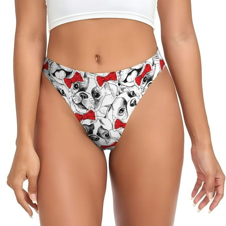 Cut French Bulldog Red Bow Tie Thongs for Women - No Show Seamless Womens Thongs Underwear  Stretch G String Thongs for Women  Ladies Breathable Thong Bikini Panties Briefs