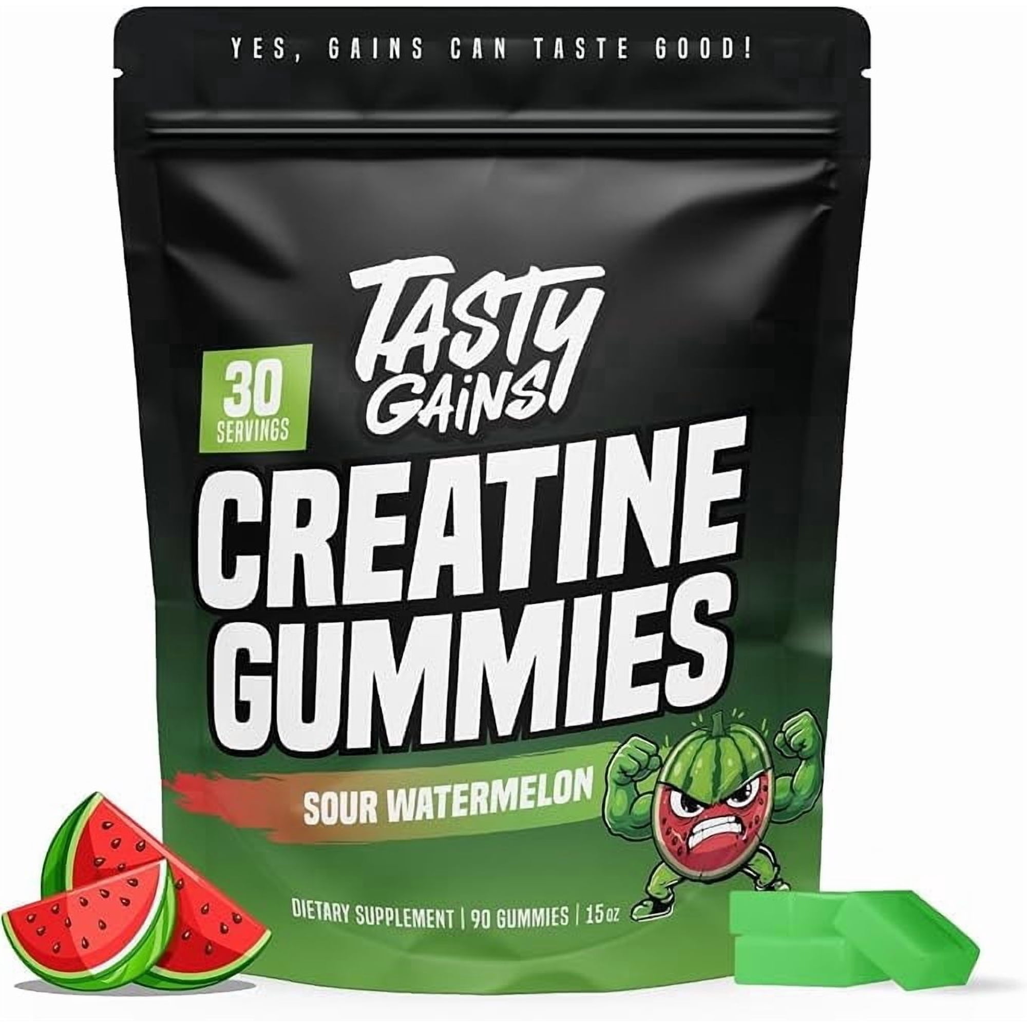 TASTY GAINS Creatine Gummies, 90g of Creatine, Non-GMO, Vegan - Build Muscle & Boost Strength for Men & Women (3g Creatine Monohydrate Per Gummy) Made in USA (90, Sour Watermelon)