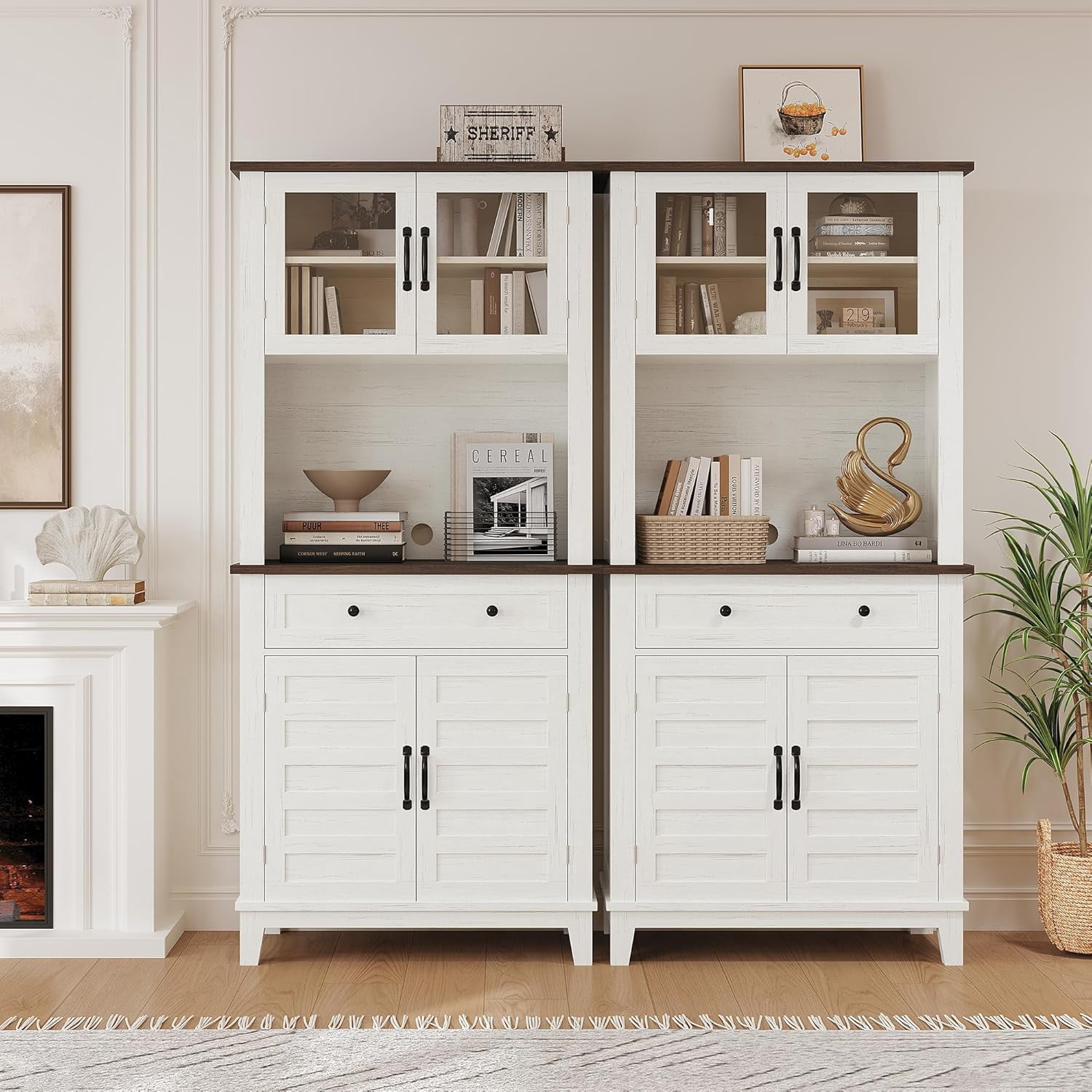 Juiluna 72" Tall Pantry Cabinet with Doors & Drawer, Farmhouse Storage Cabinet with Adjustable Shelves, Freestanding Kitchen Hutch Coffee Bar for Dining Room, Living Room, White+Brown