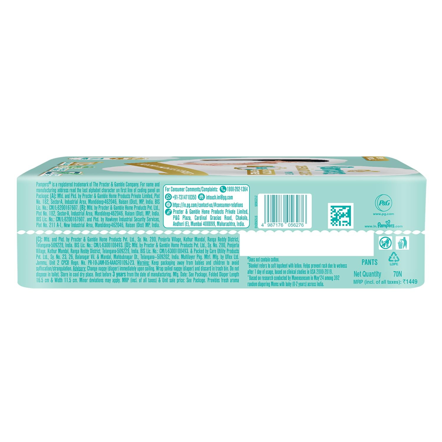Pampers New Born Baby Diapers Pant Style 70 Count 4-6kg Cottony Softness