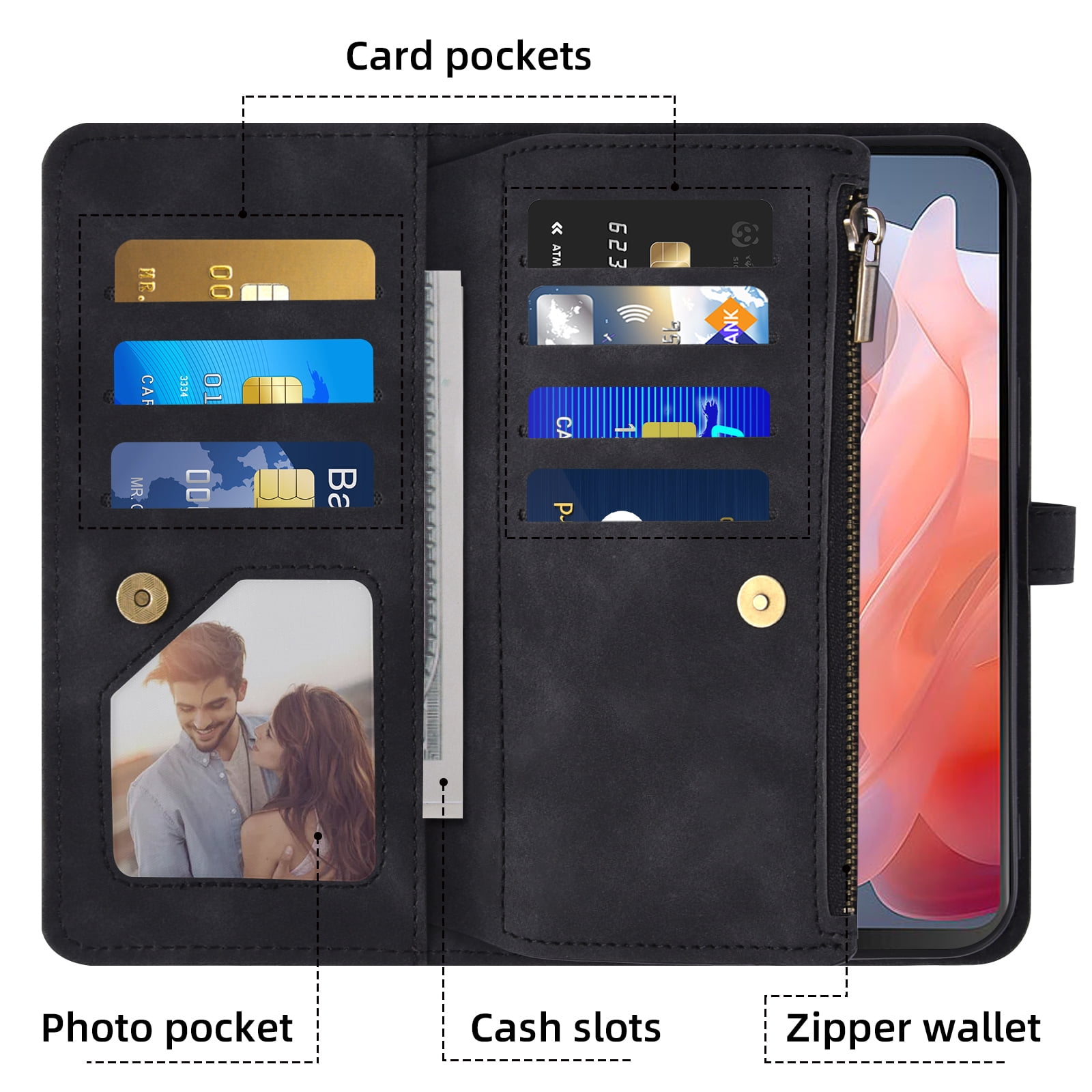 Asuwish Phone Case for Motorola Moto G Play 4G 2024 Wallet Cover With Tempered Glass Screen Protector Crossbody Wrist Strap Flip Pattern Zipper Credit Card Holder Cell XT2413V XT2413-1 64GB Men Black
