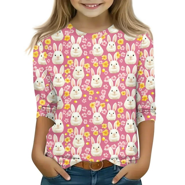 OIOLOYJM Chandails de Pâques pour Fille, Mignon Imprimé d'Oeuf, Chandails à Manches 3/4, Chandail à Col Rond de Printemps, Hauts à Enfiler, Coupe Ample, Tenues Tendance, Rose Pâle, 4-5 Ans