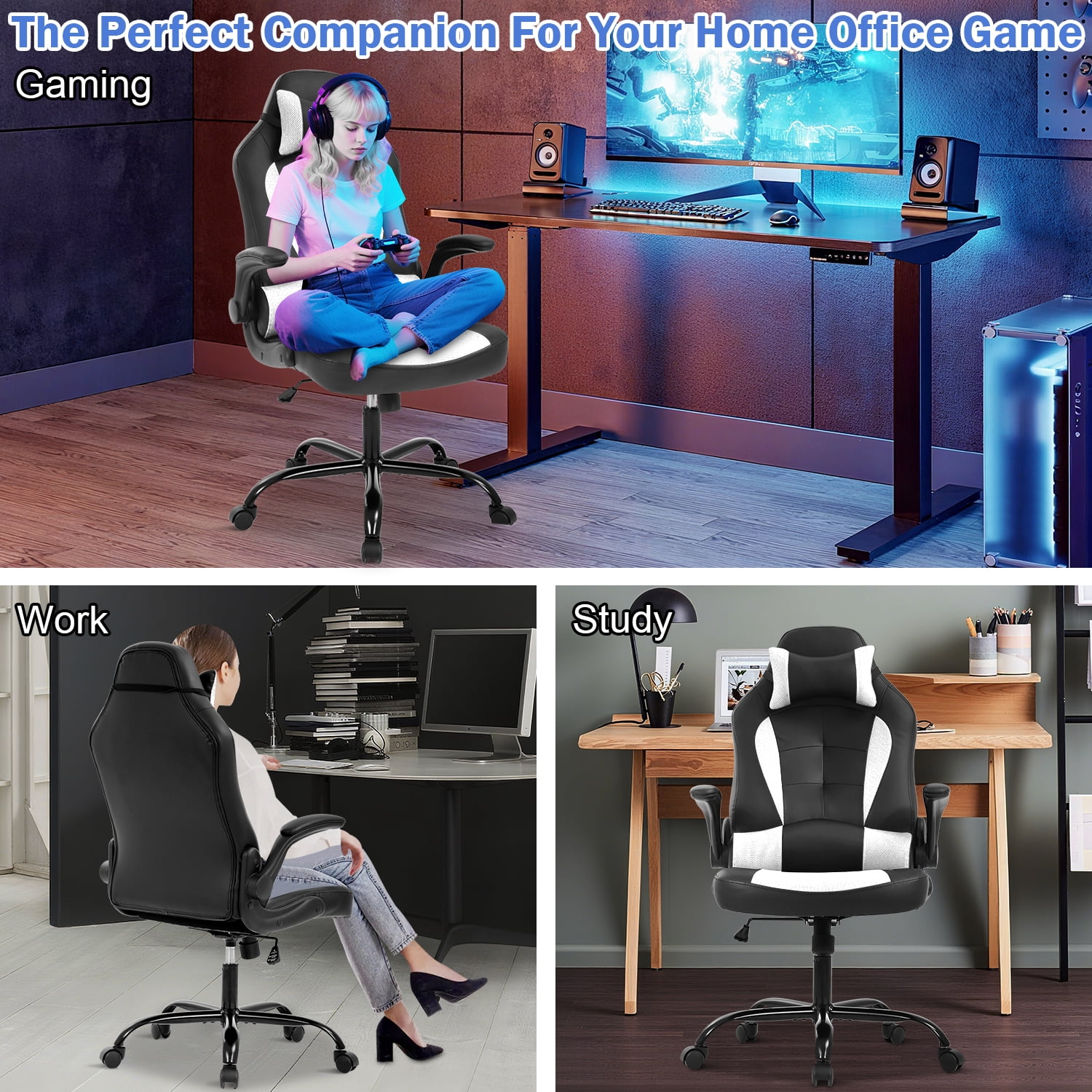 Video Game Chair High Back Gaming Chair PU Leather Racing Chair with Headrest Lumbar Support & Flip-up Arms , Adjustable Gamer Chair for Adults & Kids,White
