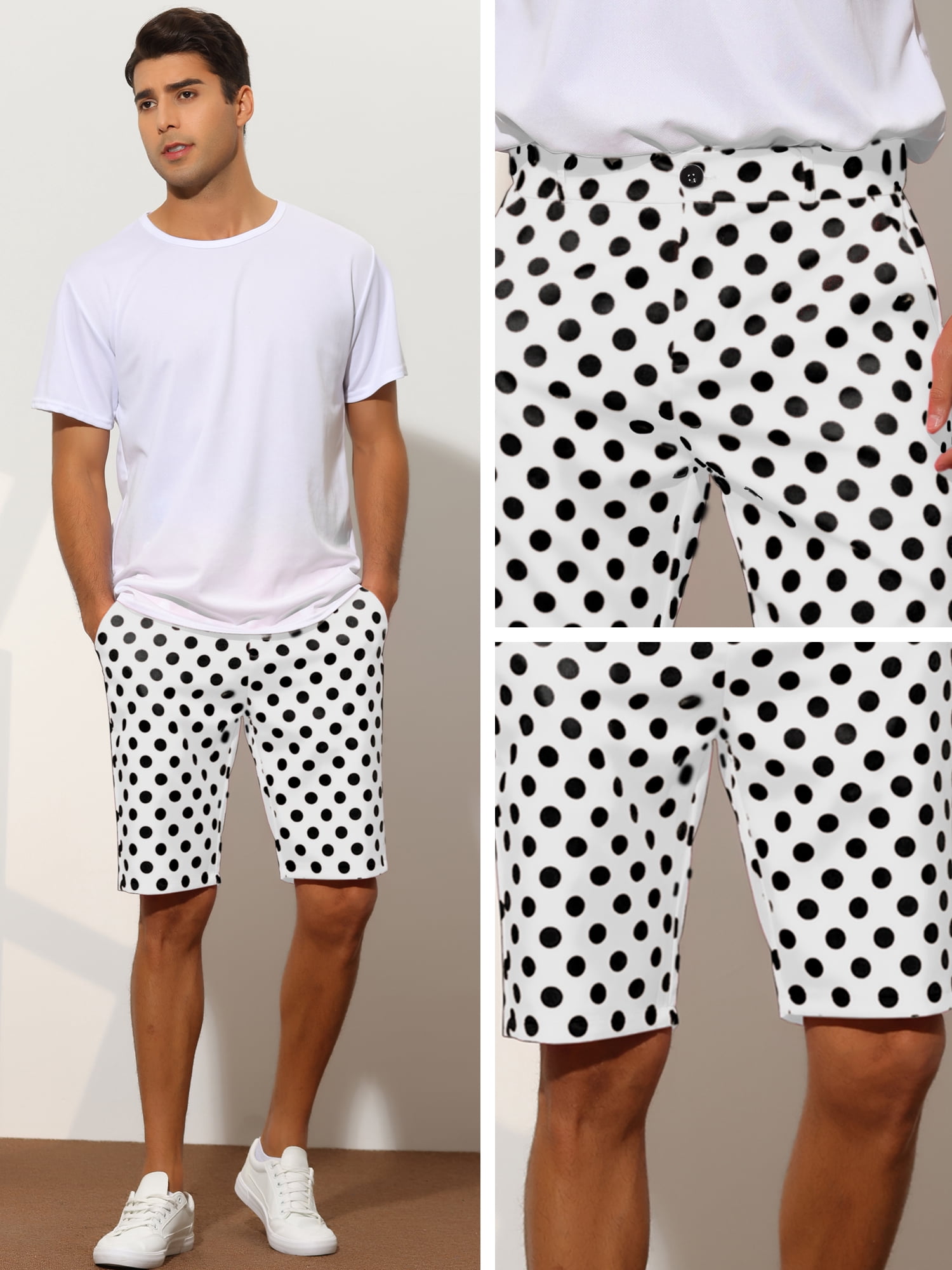Unique Bargains Men's Polka Dots Shorts Straight Fit Comfort Flat Front Chino Shorts 28 White