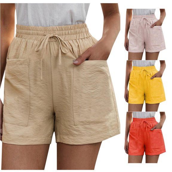 Trendfront Womens Solid Color Casual Shorts Elastic Drawstring Waist High Waisted Side Pockets Relaxed Fit Summer Bottoms
