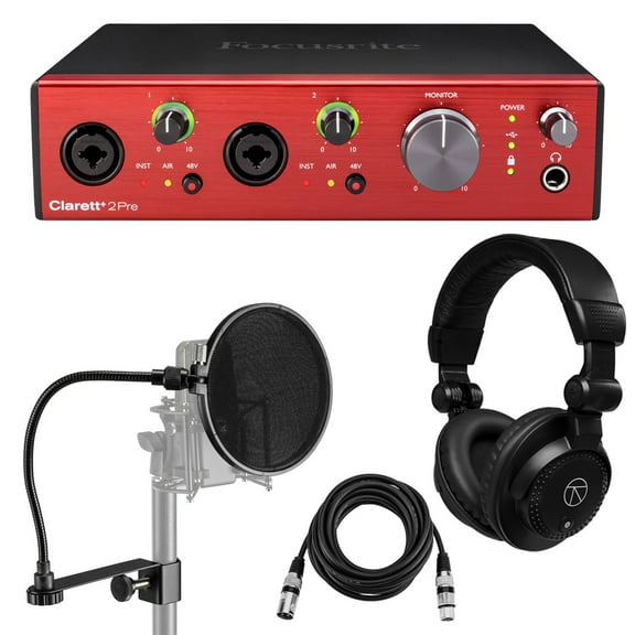 Focusrite Clarett  2Pre 8-Channel 10-In/4-Out Audio Interface with Software Suite, Bundle with 15' XLR Cable, TAPH100 Monitor Headphones, H&A Pop Filter