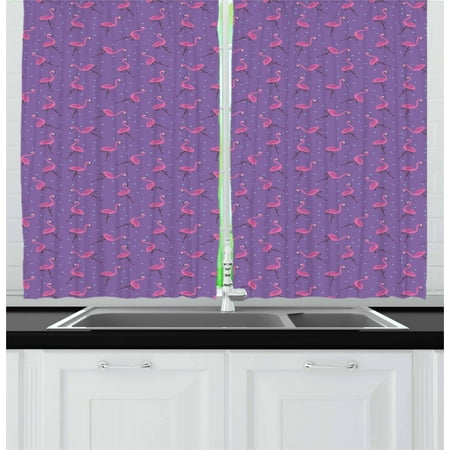 Flamingo Curtains 2 Panels Set, Dotted Purple Background with Cute Pink Exotic Birds Kids Girls Design, Window Drapes for Living Room Bedroom, 55W X 39L Inches, Violet Pink Pale Blue, by