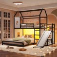thumbnail image 2 of Leumius Twin over Full Playhouse Metal Bunk Bed with Slide & Ladder, House Shaped Bunk Bed with LED Light Strip, Privacy Curtain, Movable Storage Cabinet and Hanging Rod for Bedroom Black, 2 of 9
