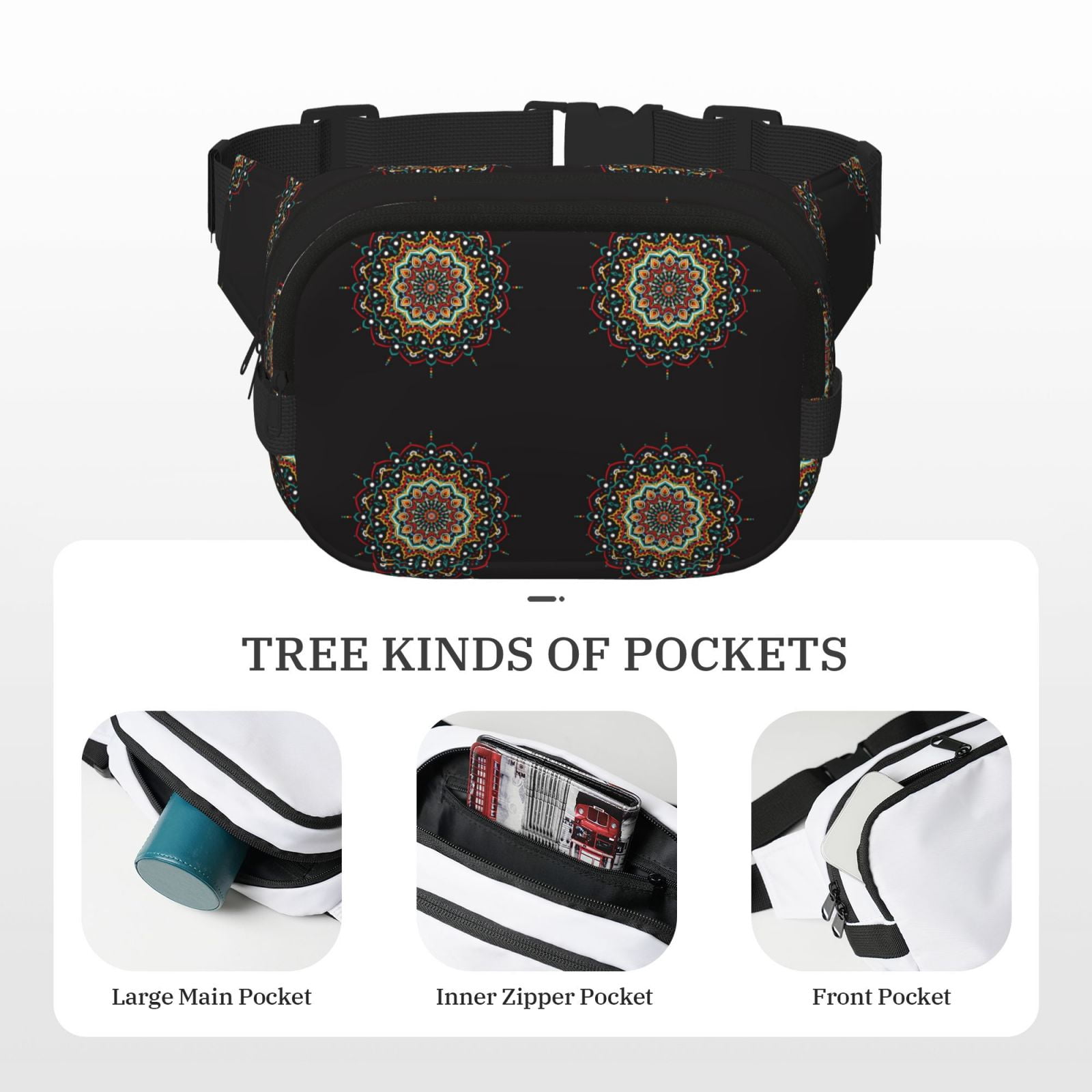 Picia Colorful Mandala Print Square Double-Layer Waist Bag Mini Adjustable Waist Belt Bag Exercise Running Travel Hiking