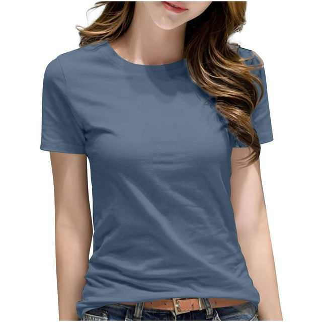 Hauts Basiques en Coton pour Femmes Grande Taille Manches Courtes T-Shirt Décontracté Classique Col Rond T-Shirts Marine, m