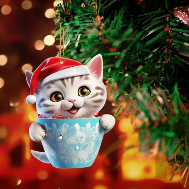 Christmas Cute Catss Pendant Car Pendant Acrylic Christmas Hat Catss Christmas Tree Pendant