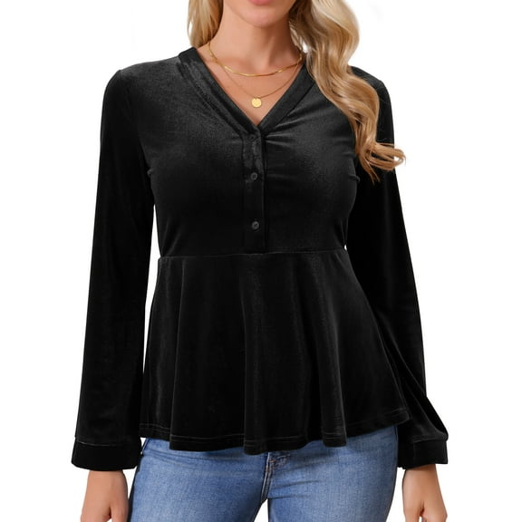 DARING DIVA Women's Velvet V Neck Long Sleeve Babydoll Peplum Top S Black