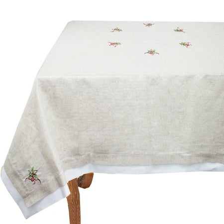 

Embroidered Holly Christmas Tree Double-Layer Holiday Tablecloth (Natural+White 65 x120 Tablecloth)