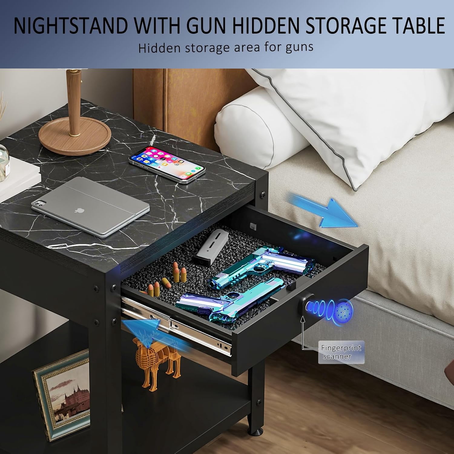 Nightstand Gun Table with Hidden Locking Compartment, Smart Fingerprint Gun End Table, Secure Storage Cabinet for Handguns and Valuables, Quick Access Small storage coffee table for Bedroom or Office