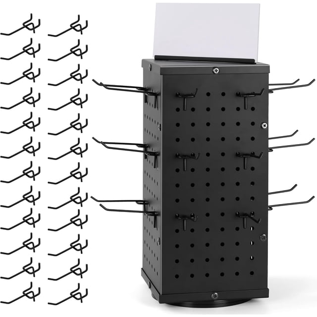 Rotating Pegboard Display Stand With 24 Hooks - Metal Spinning Peg Board Displays, Stands for Retail, Vendors, Selling & Shows - 4-Sided Craft Rack Organizer for Products, Accessories, Jewelry
