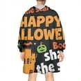 thumbnail image 2 of Wearable Oversized Blanket,Halloween Festive Text Pattern Wearable Blanket Hoodie for Adults,Cozy Hooded Blankets with Super Pockets,Super Warm Fuzzy Pullover for Women & Men, 2 of 6