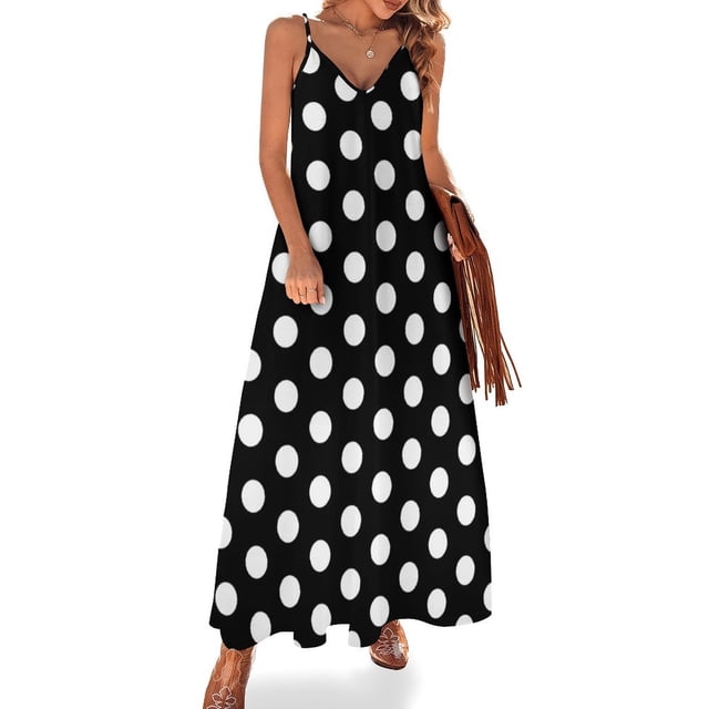 Vestido de lunares - Vestido de playa sin mangas con estampado de lunares blancos y repetidos Vestido largo para mujer