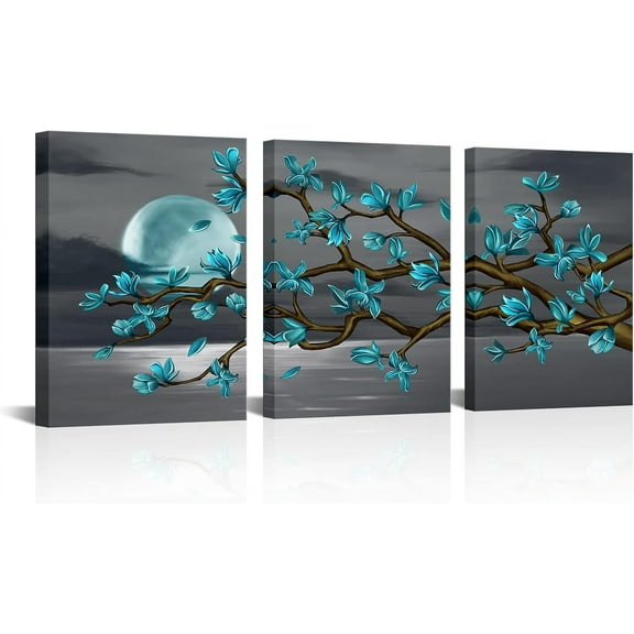 Turquoise Flowers Wall Art Teal Magnolia Full Moon Sea Seascape Canvas Prints, Framed Art, Turquoise Bedroom Living Room Home Office Decoration 3 Pieces