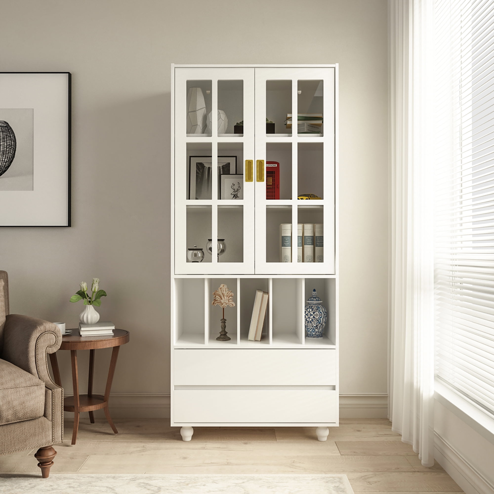 Bookcase with Glass Doors, Display Storage with Drawers and
