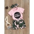 thumbnail image 2 of Bagilaanoe 3pcs Toddler Baby Girl Shorts Set Short Sleeve Letter Print T Shirt Tops + Camouflage Shorts + Headband 3M 6M 12M 18M 24M 3T 4T 5T Kids Casual Summer Clothes, 2 of 8