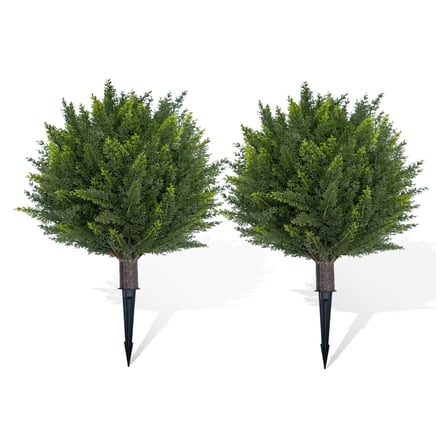 BENESKY 18 Inch Artificial Cedar Topiary Ball Trees, Set of 2 Faux Cypress Plants with Ground Spike