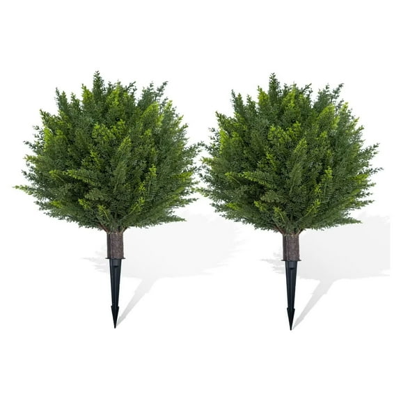 BENESKY 18 Inch Artificial Cedar Topiary Ball Trees, Set of 2 Faux Cypress Plants with Ground Spike