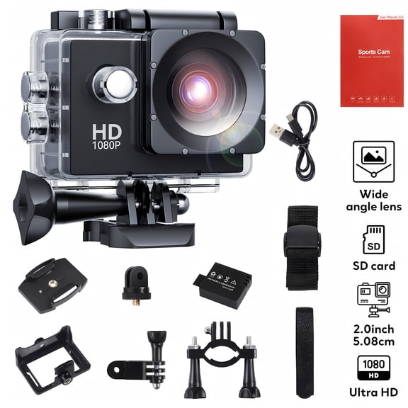 TPKJAM 1080P HD Action Camera, 170° Ultra Wide-Angle Waterproof Sports Cam with 2" LCD & Mount Kit for Outdoor Sports