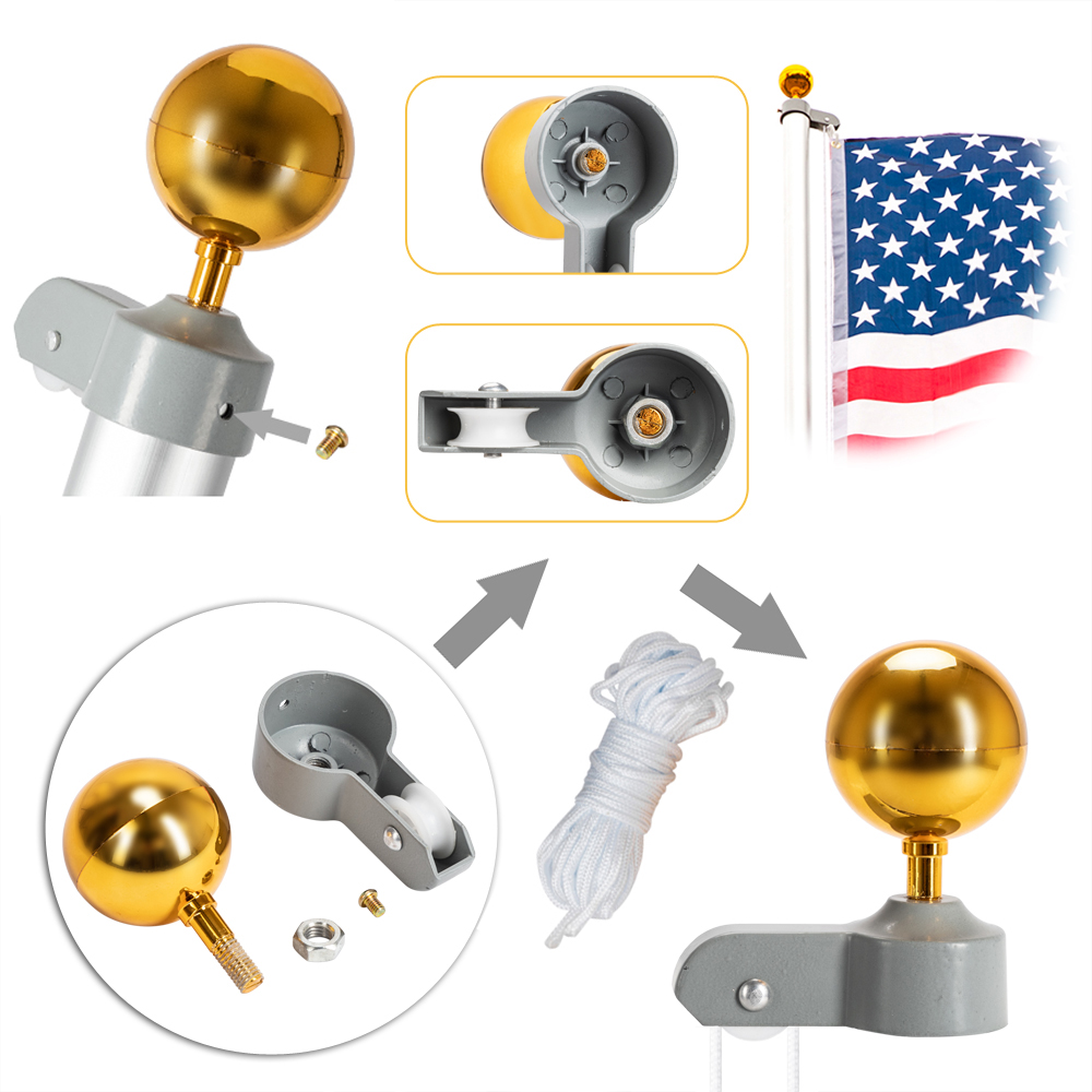 20FT/25FT Sectional Flag Pole Heavy Duty Aluminum Flagpole Halyard Golden Ball Kit with 2 USA Flags Set